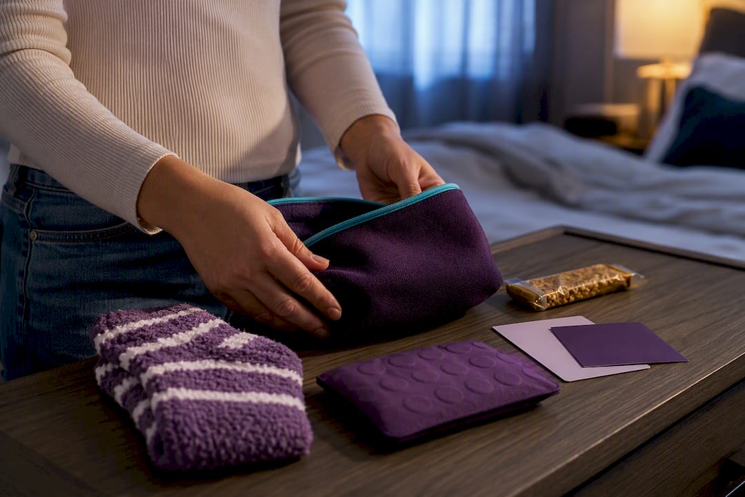 First-period comfort kit arranged on dresser