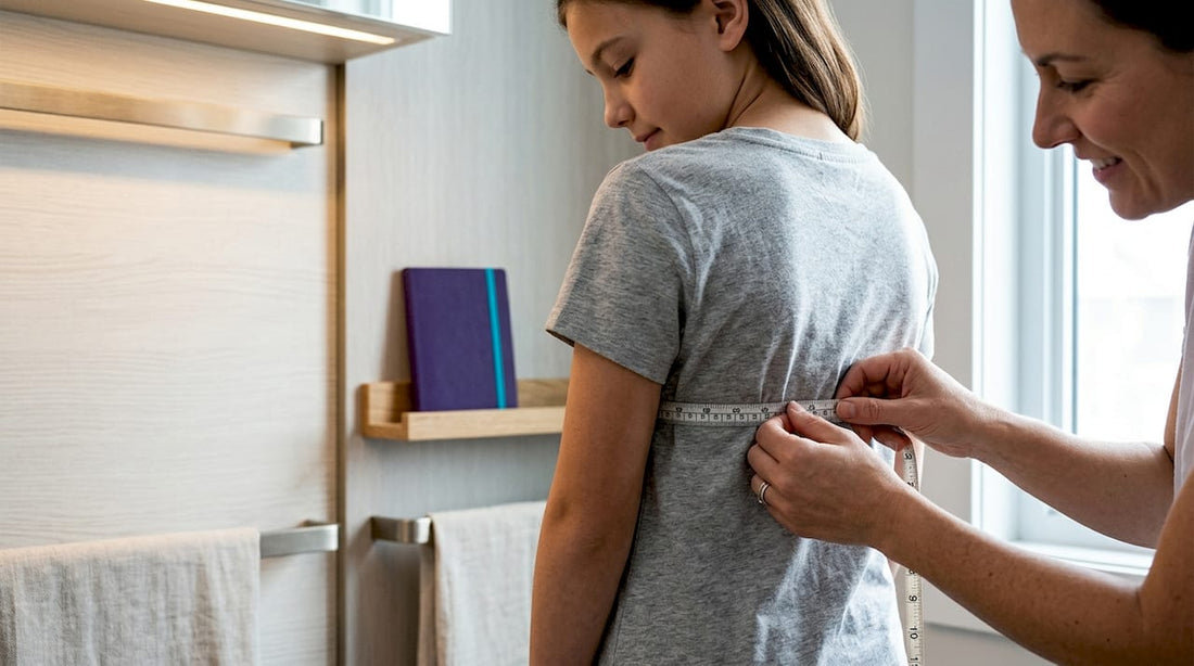 Parent helping child measure for first bra