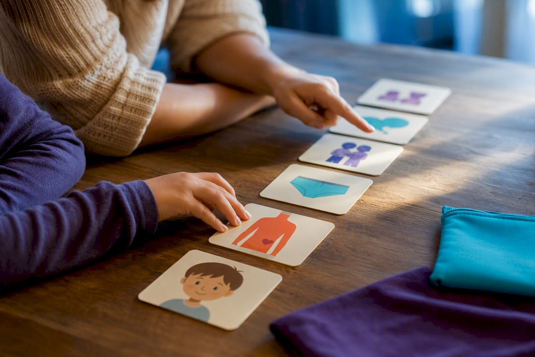 Hands arranging visual puberty conversation steps